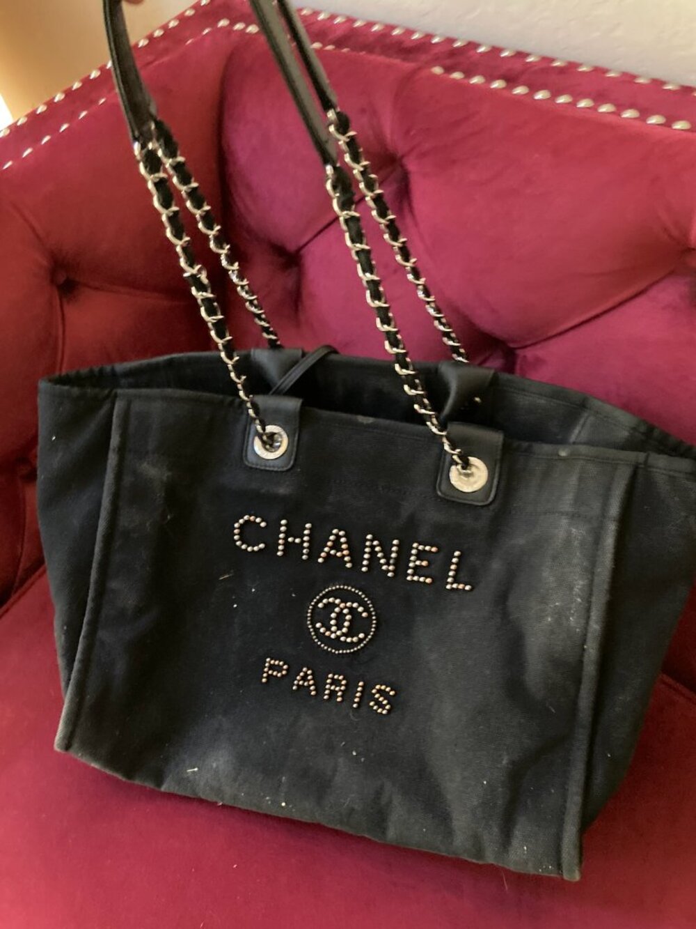 Chanel Authentic Medium Deauxville Tote Black Studded Beaded Logo Paris